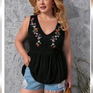 SHEIN Women's Floral Embroidery Ruffle Hem Tank Top  NWOT